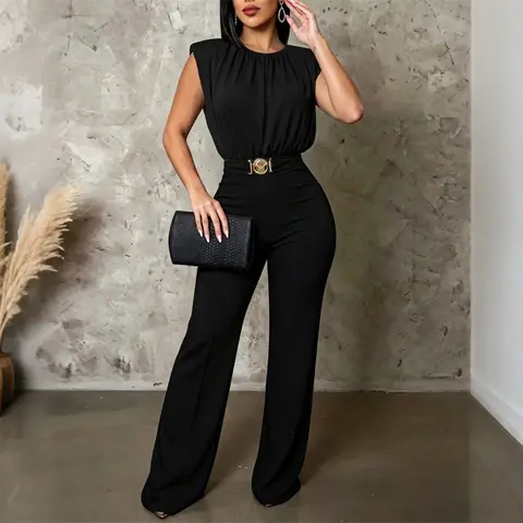 CHICME Women's Sleeveless Jumpsuit Shoulder Pad Ruched Round Neck Backless Overalls Elegant Flared Jumpsuit with Gold Belt