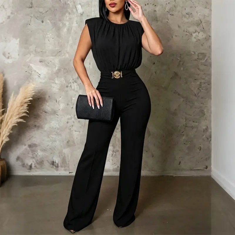CHICME Women's Sleeveless Jumpsuit Shoulder Pad Ruched Round Neck Backless Overalls Elegant Flared Jumpsuit with Gold Belt
