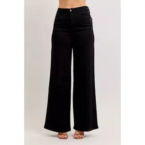 Judy Blue High Waist Retro Wide Leg Jeans with Front Yoke Black 881074, Stretchy Cotton Denim Womenswear Chic Bottom, Size 0 thru 15