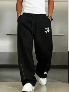 Men's Casual Interlocking Letter Print Sweatpants, Retro Streetwear Minimalist Logo Zip Cuff Wide Leg Pants, Black & White Monogram Trousers, Ideal for Streetwear, Daily Wear, Gym, Versatile Outfits #springsaledeals2026 #summeroutfits #pants #logoprint