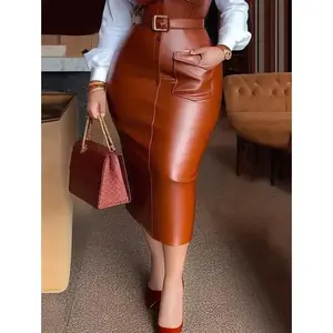 Womens Shirt Collar Dresses New Autumn Buttons Long Sleeve PU Leather Patchwork Pocket Skinny Belted Lapel Female Midi Dress Black Casual Womenswear Summer Basic Chic Elegant Minimalist