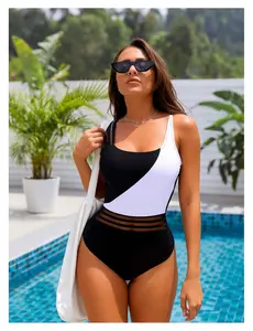 Black & White One Piece Swimsuit Women - Color Block Bathing Suit Sheer Mesh Panel Slimming Swimwear - Comfortable Athletic Swimsuit for Teens & Adults