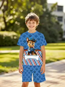 Boys' 3D Blue Claw Print Paw Patrol Short Sleeve Two-Piece Set, Fashion Outdoor Sports, Holiday Gift, Birthday Present, Kid