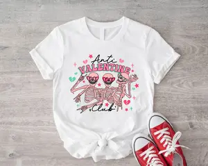 Anti Valentine Club Shirt, Funny Valentine's Day T-shirt, Sarcastic Single Friend Gift Idea Tee, Anti Valentine Skeleton T-shirt, Funny Single People Tee