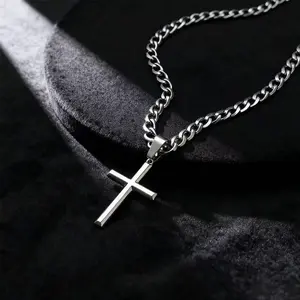 Cube Chain Cross Necklace Unisex,  316L Stainless Steel Diamond Cut Durable Cuban Chain Necklace, Men's Silver Cross Pendant Necklace