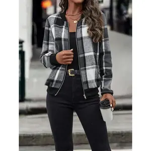 Women's Plaid Print Zip Up Bomber Jacket, Casual Long Sleeve Baseball Collar Outerwear for Spring & Fall, Ladies Clothes for Daily Wear, Casual Jackets, Zipper Jacket