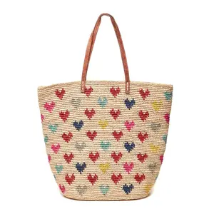 Mar Y Sol Women's Amelie Hearts Raffia Tote - Handcrafted Crochet Straw Bag, Multicolored All-Over Print, Large Summer Carryall, Leather Handles, Sustainable Madagascar Material Accessory