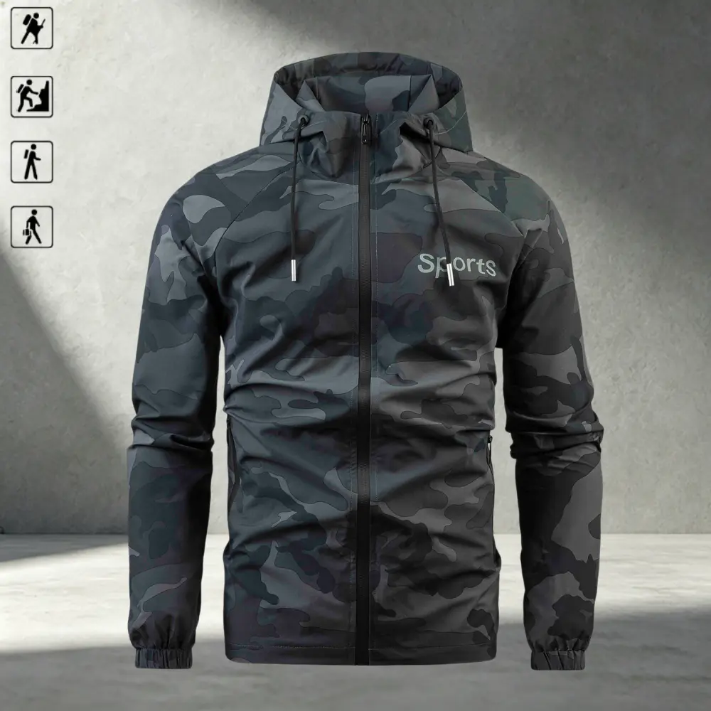 Men’s camouflage zip-up jacket, Soho Chic functional street style, dark camo all-over print with sporty letter graphics, suitable for young to middle-aged men for outdoor outings and city walks, drawstring hood creates a bold, edgy look. sohochic