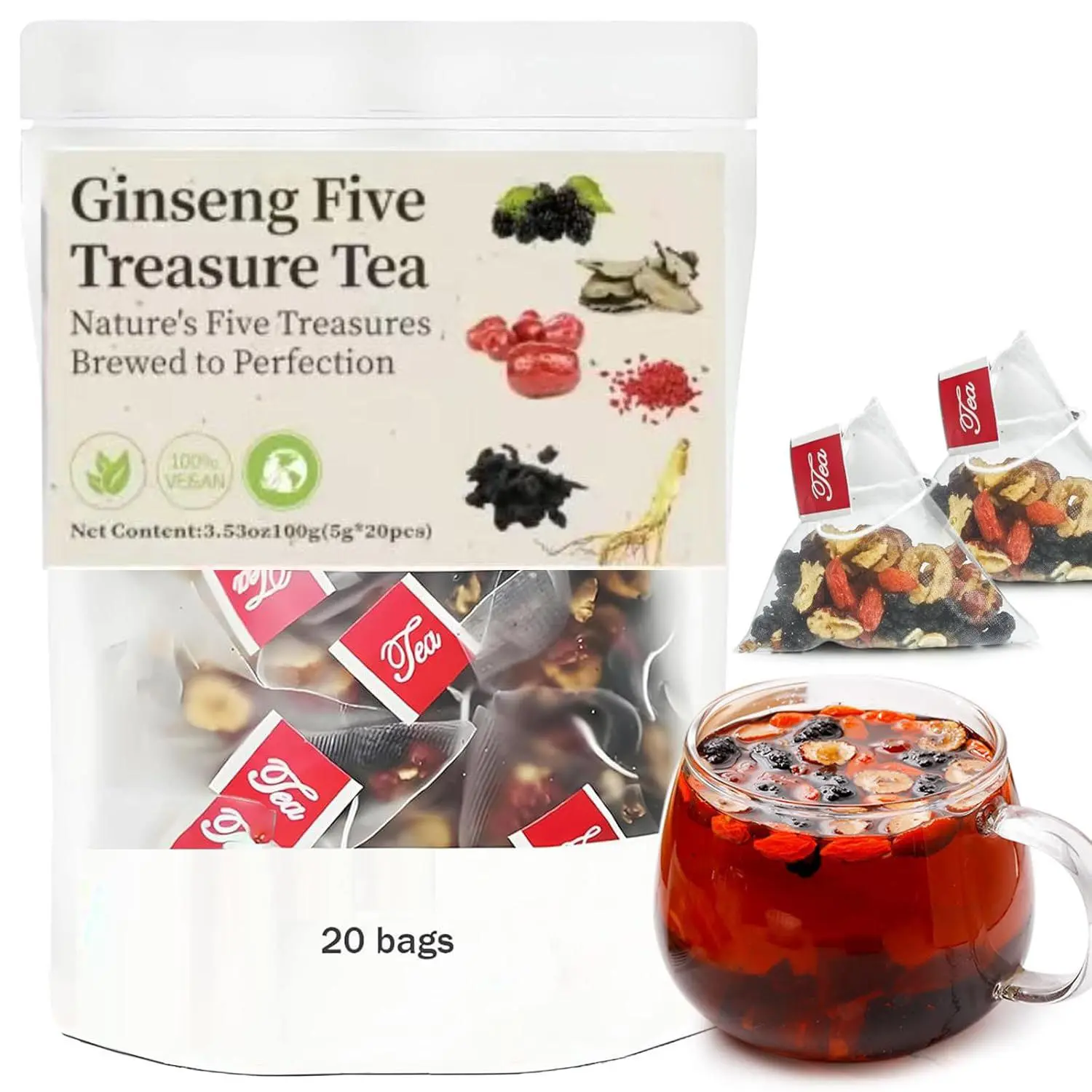 Organic Kidney Cleansing Tea, Ginseng Five Treasures Formula, Mulberry Red Date Goji Berry Traditional Herbal Tea | Té de Ginseng Natural Orgánico