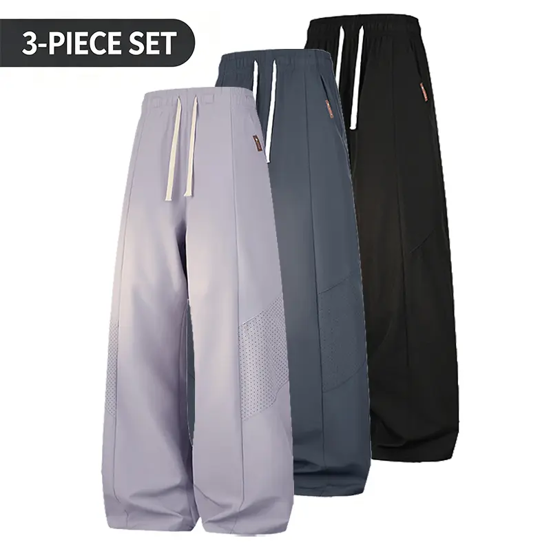 3-Pack Men’s Lightweight Breathable Casual Pants Elastic Waist Drawstring Mesh Panel Street Style Full Length Pants