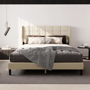Queen Size Bed Frame Beige - Modern Upholstered Wingback Headboard with Wooden Slats (No Box Spring Needed)
