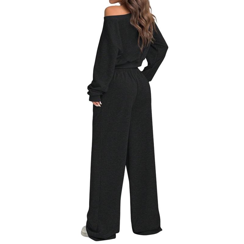 Two Piece Sets for Women Fall Sweatsuits Long Sleeve Off Shoulder Top Wide Leg Sweatpants Lounge Sets Tracksuit