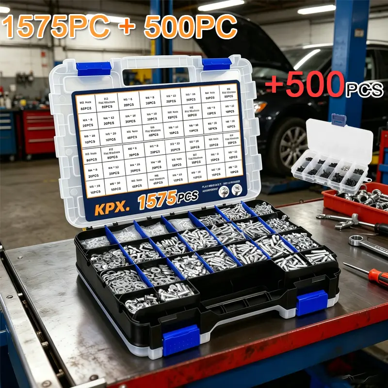 1575+500pcs Nut And Bolt Assortment Set Phillips Head And Flat Head Screws Multiple Common Nuts, Bolts, And Washers Includes Double-Sided Sturdy Storage Case Durable And Long-Lasting, , Suitable For Various Scenarios