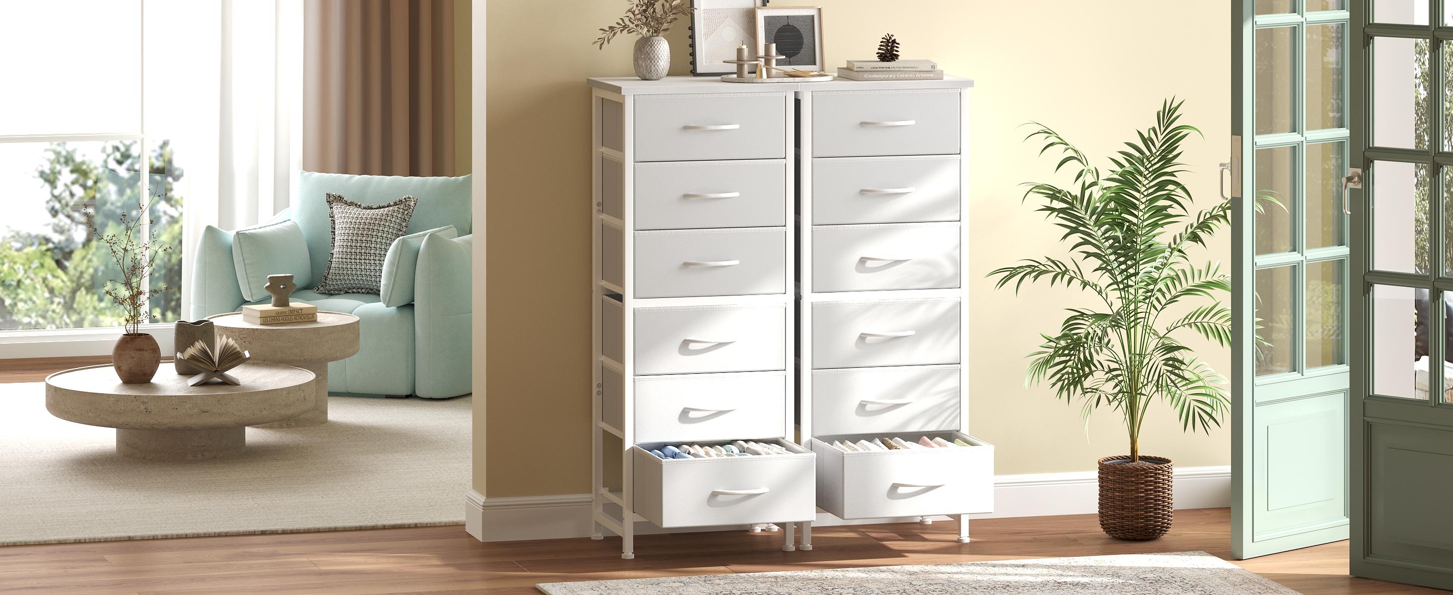 Tall Storage Dresser with 6 Fabric Drawers, Metal Frame with Cross Support Rods, Anti-Tip, Wood Top for Bedrooms, Offices and Compact Spaces