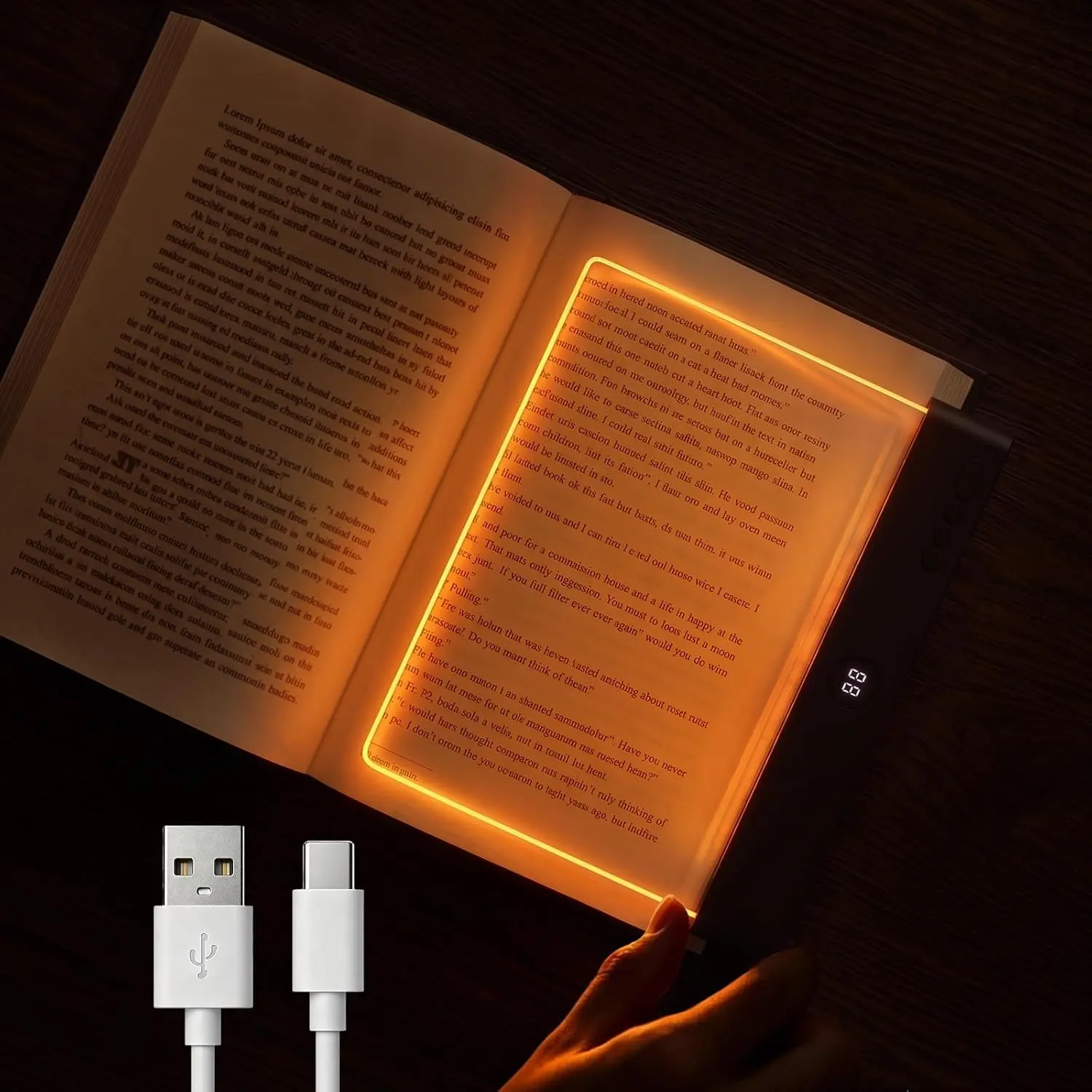 Amber Book Light, Rechargeable Clear LED Flat Reading Light with 3 Colors & Timer, Dimmable Panel Plate Lamp Book Full Page Light for Reading in Bed at Night, Funny Gifts for Readers Book Lovers