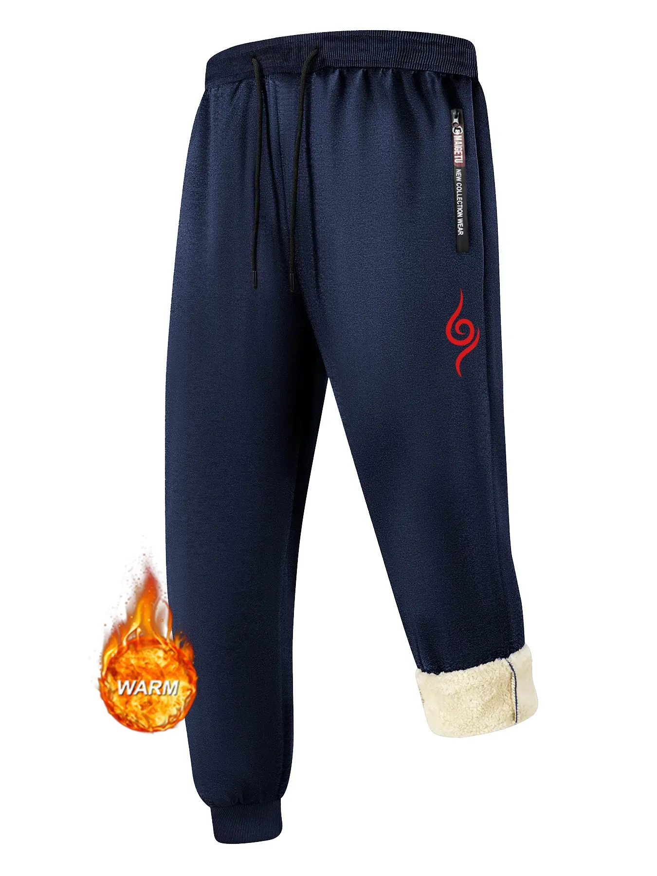 Men's Graphic Print Plush Lined Sweatpants, Winter Thermal Warm Fleece Joggers Pants with 2 Zipper Side Pockets, Outdoor Casual Sports Trousers with Drawstring Elastic Waist