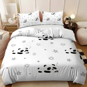 Bedding 3-piece set - 3PCS,black and white panda and star pattern down comforter set (1 comforter cover + 2 pillowcases, filling not included).soft and comfortable, suitable for family bedrooms.