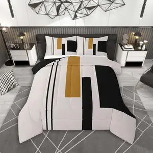 Black Gold Comforter Set Modern Abstract Bedding Set for Kids Boys Girls Decor Geometric Aesthetic Striped Minimalist Duvet Quilt Soft Microfiber Bedroom Decor