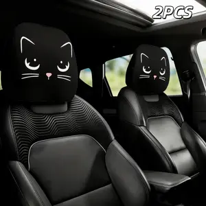 Lovely 2-Pack Cartoon Cat Pattern Car Headrest Covers Soft Comfortable Neck Relief Design Universal All Season Fit Practical Auto Interior Ornaments Fashion Car Decor Accessories Wonderful Halloween Holiday Gifts For Cat Lovers And Family Members