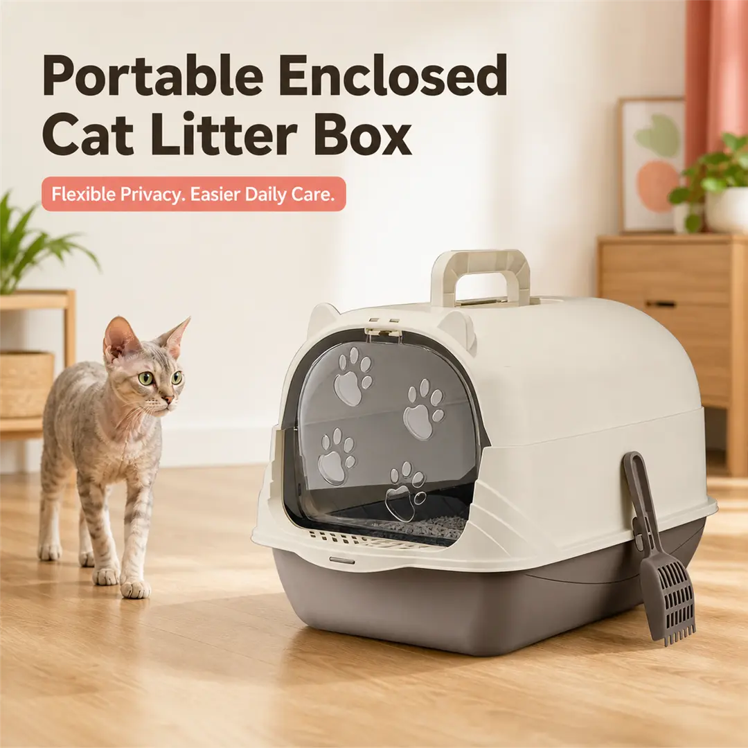 Portable Enclosed Cat Litter Box with Scoop, Removable Cover, Swing Door, Carry Handle & Litter-Catching Entry, Open-Top or Covered, 3 Colors