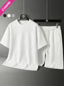 2-piece set, men’s casual outfit, crew neck short sleeves, jacquard shorts with drawstring, suitable for outdoor activities in summer