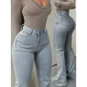 High Waist Flared Jeans, Light Wash Denim, Street Style Fashion, Stretch Fit Butt-Lifting Long Pants With Pockets - For Fall & Winter