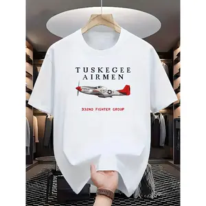 Men's Casual T-Shirt with Tuskegee Airmen 332nd Fighter Group Vintage Graphic Print, Brown Round Neck Summer Tee, Machine Washable Regular Fit, Airplane T Shirt