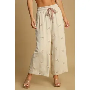 Umgee Full Size Lace Drawstring Embroidered Bow Wide Leg Pants Plus Size