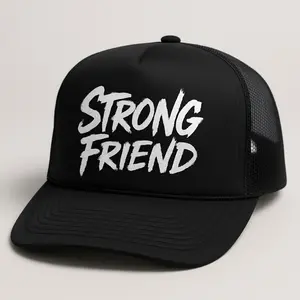 Strong Friend Project: Strong Friend Snapback Trucker Hat in Black with Bold White Font