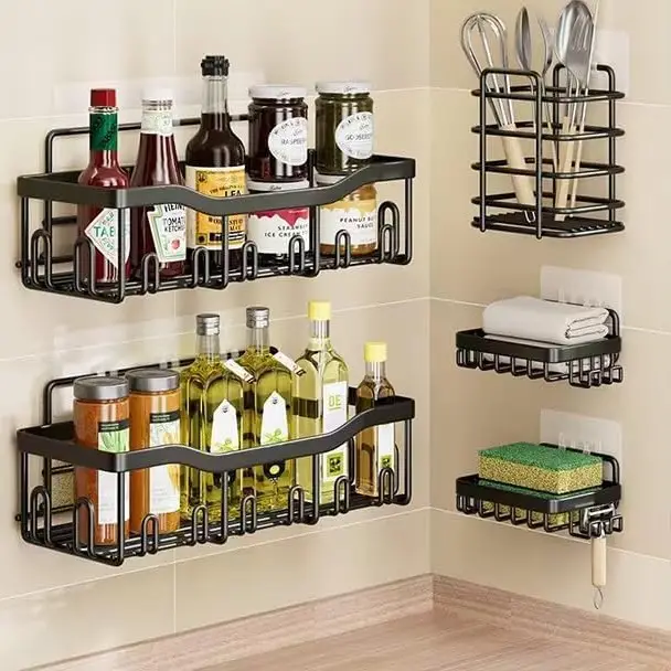 Shower Caddy 5 Pack Adhesive Shelf Organizers for Bathroom Kitchen, No Drilling, Shower Caddy Organizer, Rustproof Stainless Steel Shower Shelves