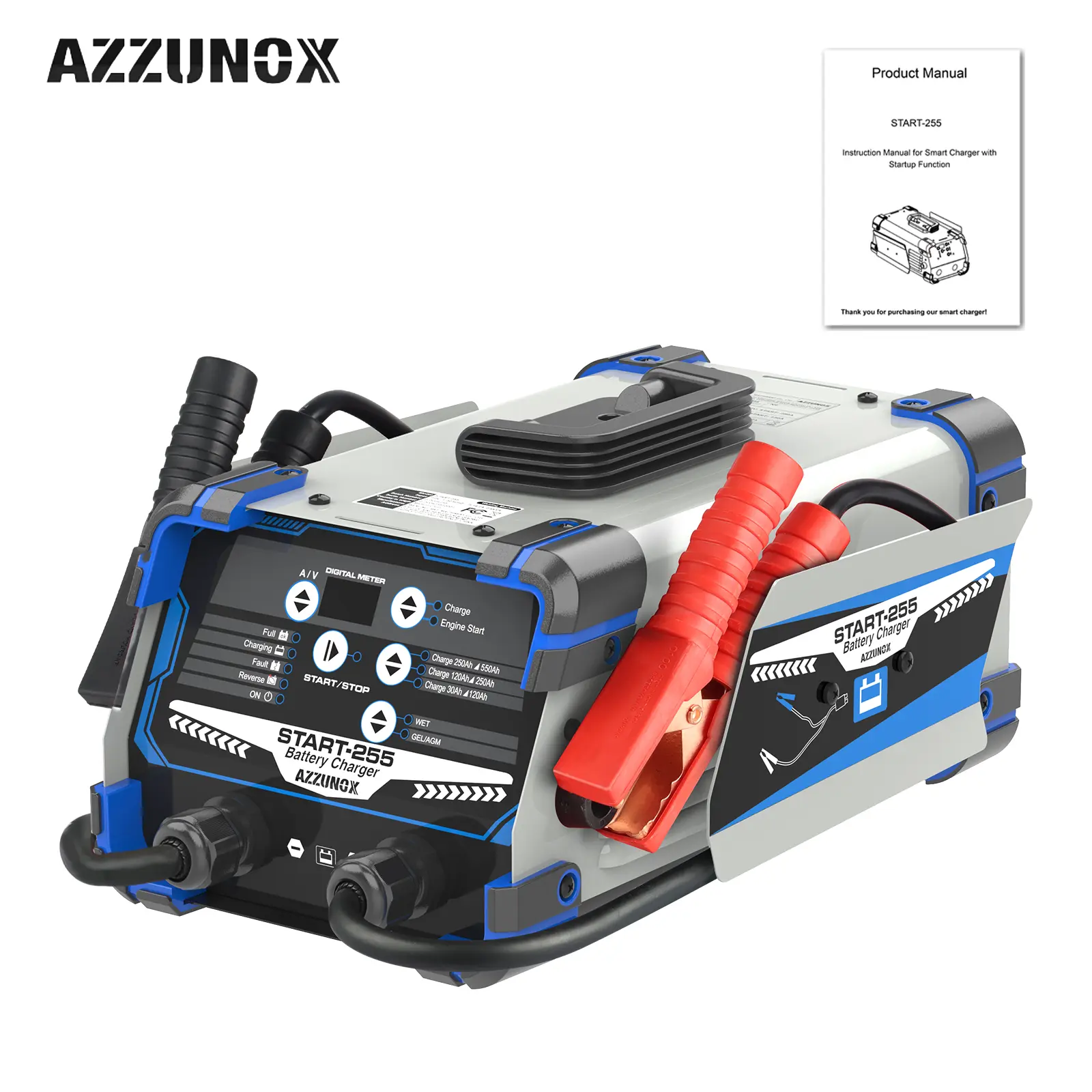 AZZUNOX START-255 Heavy-Duty 12V/24V Battery Charger - 250A Peak Engine Starter, 50A Max (12V)/25A Max (24V) Smart Maintainer for Car, Truck - WET & GEL Lead-Acid Battery Charger, 110V 60Hz Commercial Workshop Tool