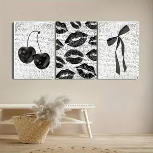 3pcs Of Canvas Postersing Decorative Paintings, Black And White Decoration, Dark Elegant Style, Sexy Lips, Retro Cherry Blossoms, Darkroom Decoration, Indoor Home Wall Decoration Art
