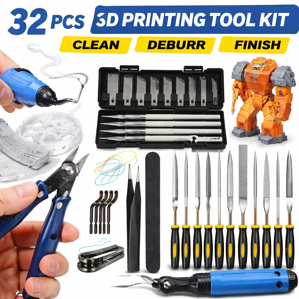32-Piece 3D Printer Tool Kit for Kitchen 3D Print Tasks - Complete Accessories with Deburring Tool, Nozzle Cleaning Needles, Removal Scrapers, Finishing Files for Post-Processing, Maintenance, One Set