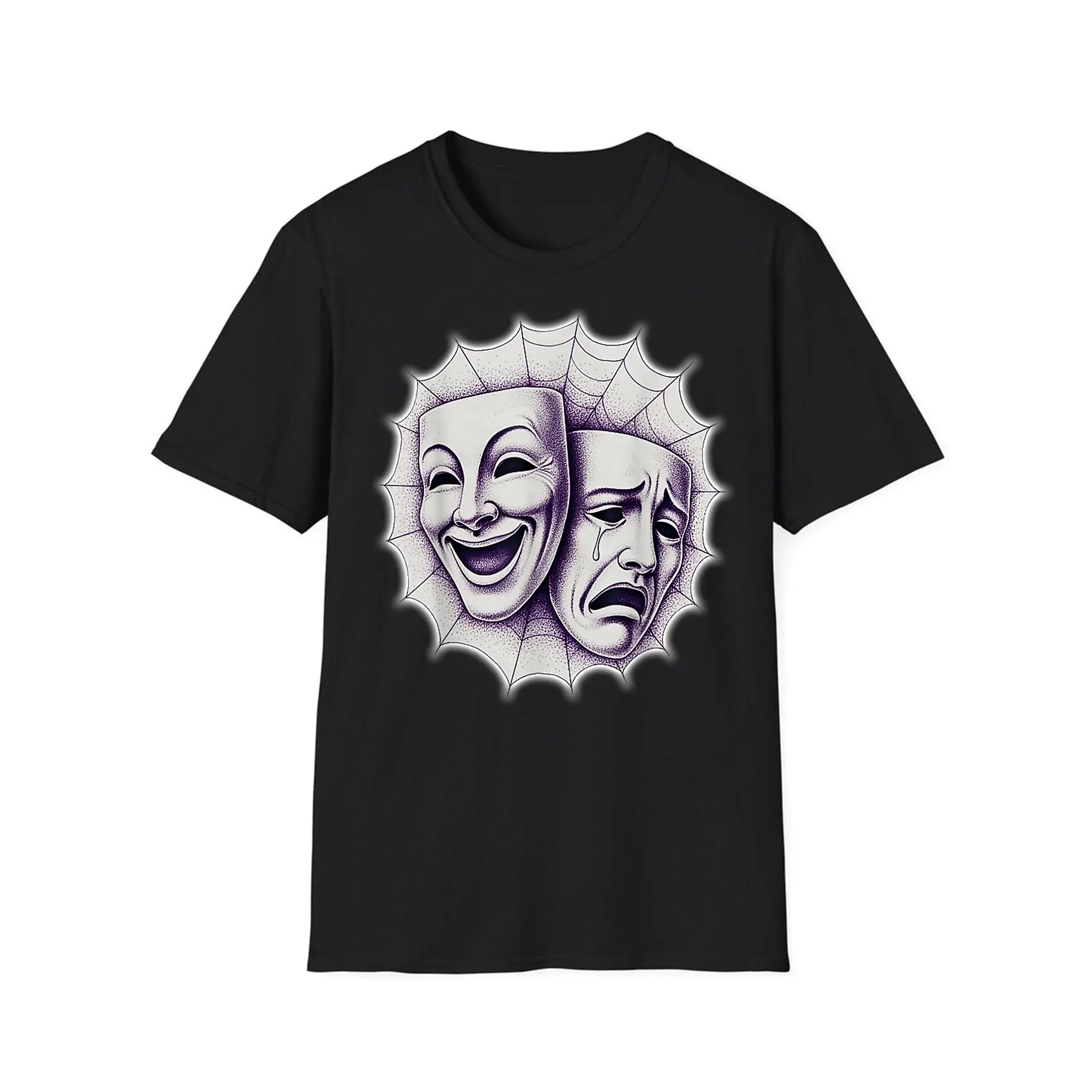 Smile Now Cry Later Theater Masks Spiderweb T-Shirt Casual Crew Neck, Short Sleeve T-Shirt