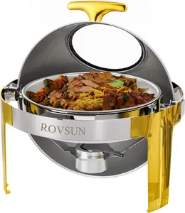 ROVSUN 1 Pack Roll Top Chafing Dish Buffet Set Gold Accent,6 Quart Round Stainless Steel Chafer, Buffet Servers and Warmers Set Warming Tray with Glass Window for Wedding, Parties, Banquet, Events Plates