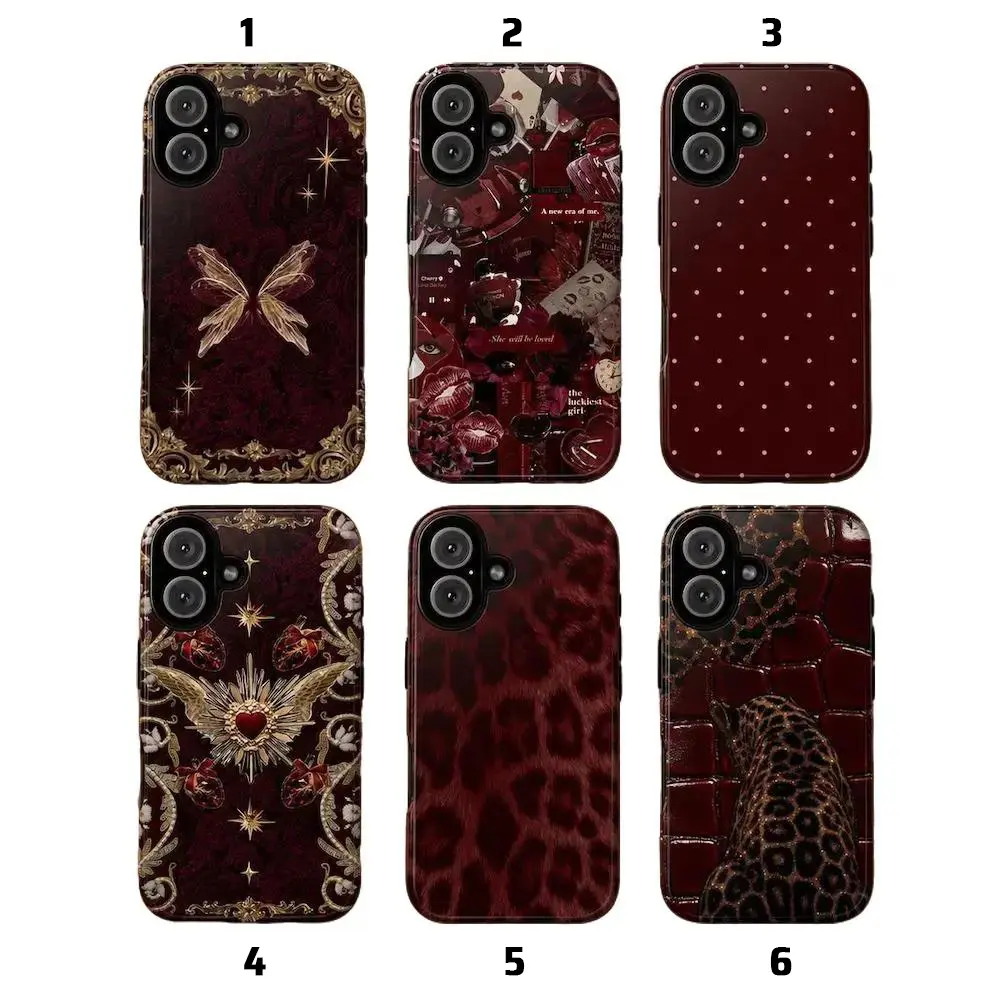 Burgundy Leopard Dark Feminine Cherry Red Coquette Aesthetic Old Money Phone Case for iPhone 17 16 15 14 13 12 Pro Max Mini Samsung S26 S25 S24 S23 S22 S21 Ultra Plus FE MagSafe compatible