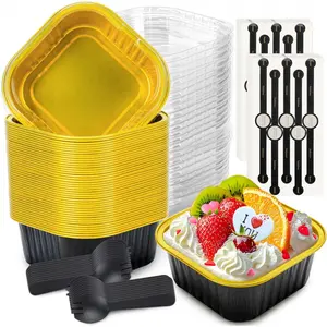 60 Pack Mini Cake Pans with Lids Mini Aluminum Pans, Disposable Loaf Pans Cupcake Liners with Lids for Pudding, Souffle, Party, Wedding(Black Gold, 10 oz)