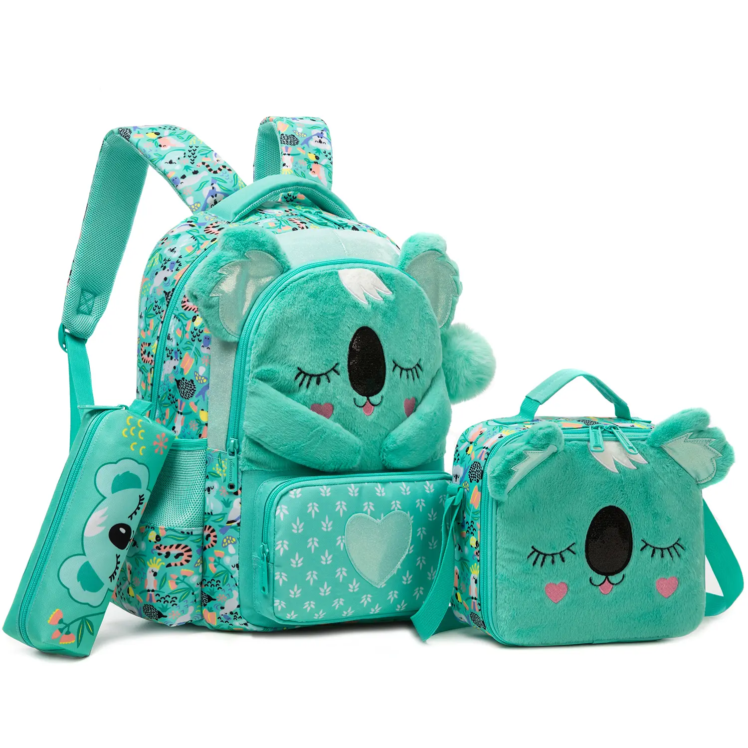 Kids' 3D Plush Koala 3-Piece Backpack Set, Mint Green Animal Allover Print School Bag with Insulated Lunch Bag, Pencil Case & Ergonomic Padded Straps for Elementary Students