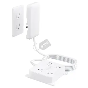 Flat Power Strip with Outlet Concealer, 10FT Extension Cord with 3 Widely Spaced AC Outlets, 3 USB Charger(2 USB C Ports), Wall Mount Power Strip, Compact for Nightstand Couches  Essentials