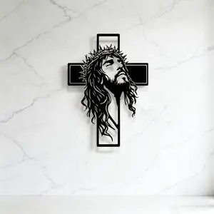 Jesus Cross Metal Wall Decor, Thorns Crown Silhouette Design, Christian Faith Theme Iron Wall Art, Living Room Bedroom Entryway Decoration