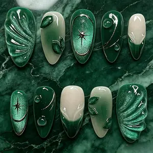 Trendy green handmade press nails in almond shape, Handmade Press Ons. Stereo wave and leaf print with glossy finish. Stylish Y2K design, easy to wear and remove, great for daily wear and photo shooting.