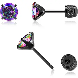 Hypoallergenic Threadless Flat Back Earrings,1 Pairs Cartilage Stud for Women Men Titanium Post 20G None Screw Easy Push in Gold Black Silver Stainless Steel Flatback with CZ 3-8mm