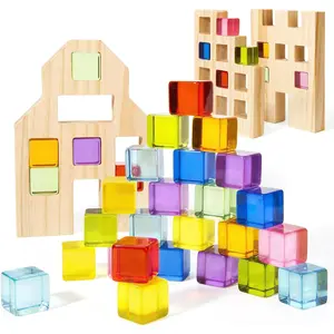 Building Blocks Set for Kids, 36 PCS Rainbow Acrylic Gem Cubes Blocks - 3 Wood House, Stacking Toy for Toddlers, Educational Birthday Easter Gifts for Boys Girls 3-6