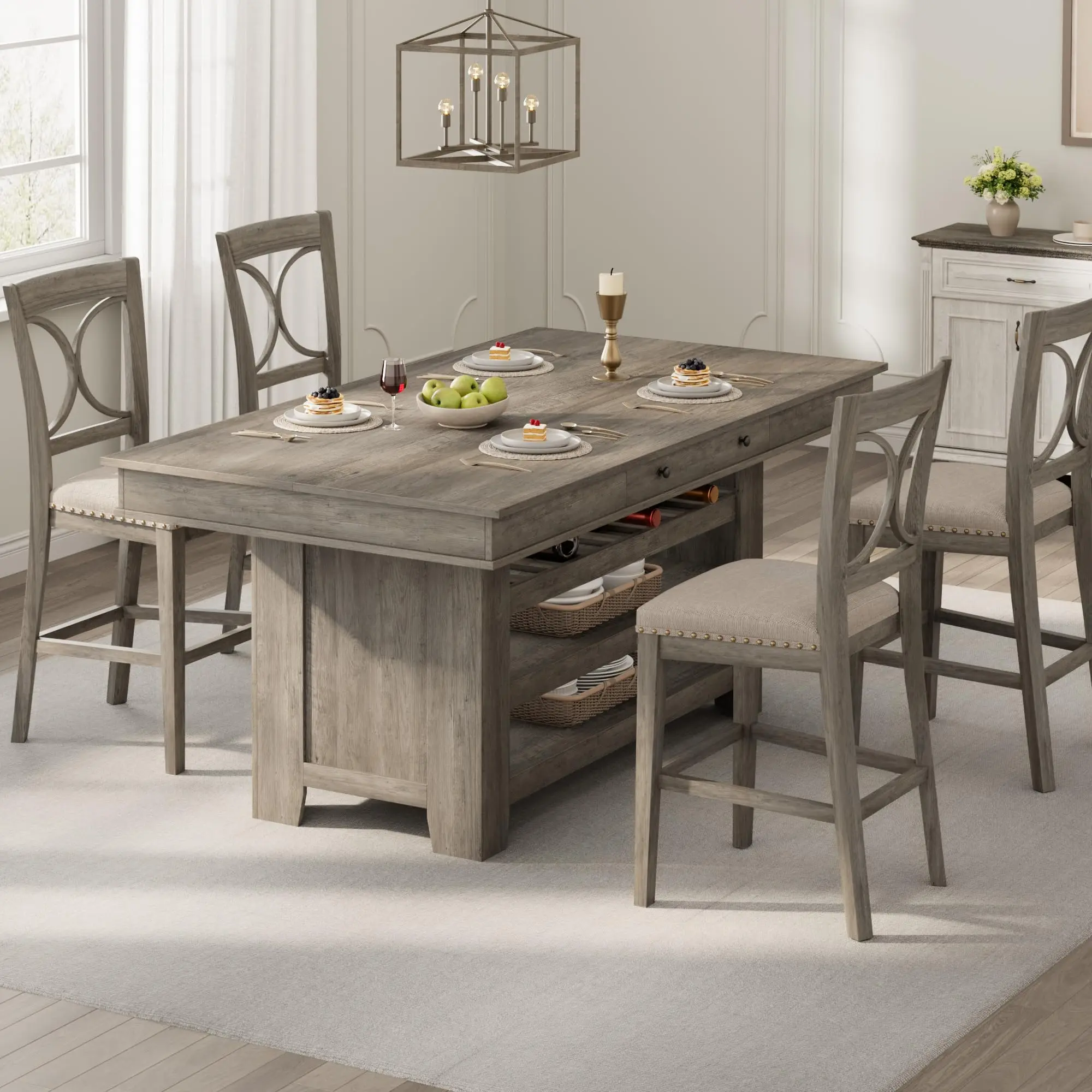 Retro Gray Farmhouse Bar Height Dining Table - 36" Wooden Counter Table with Wine Rack, 3 Shelves, 2 Drawers & Thick Frame for Bar, Entertaining, Bar Height Tables