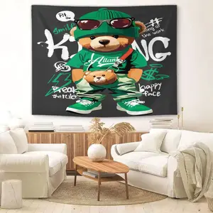Hip Hop Teddy Bear Tapestry, Cool Streetwear Bear Wall Hanging Tapestries, Graffiti Style Wall Blanket Backdrop Decor, Digital Print for Bedroom, Living Room, Dorm, Teen Boys Room Decor