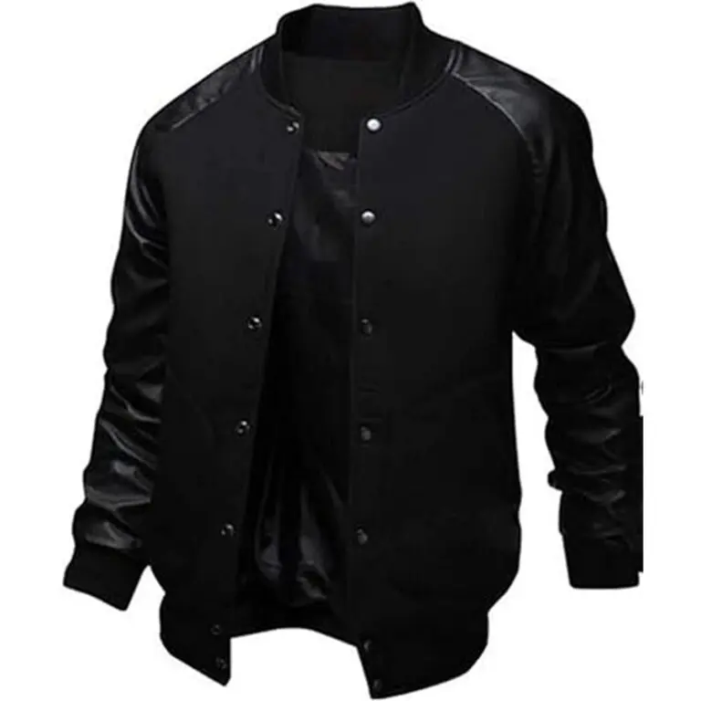Men’s Fashion Splicing Leather Sleeve Baseball Varsity Bomber Jacket(Black,Small)
