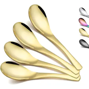Gold Soup Spoons 4 Pieces, Stainless Steel Titanium Plating Thick Heavy Weight Table Spoons, Asian Chinese Japanese Spoon Set for Cereal Ramen Dishwasher Safe