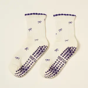 Effortless Club Grip Socks, Mini Bow (Indigo), Girlie Sweet Crew Half Calf Non-Slip Socks, Pilates Socks, Yoga Barre