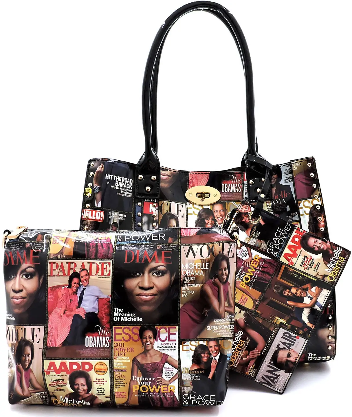 Michelle Obama Magazine Cover Collage Satchel Crossbody Bag Clutch 3PCS Set
