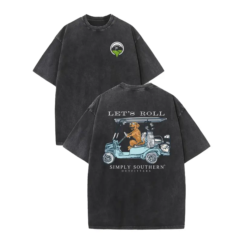 Men's 230gsm Heavyweight Vintage Washed Cotton Graphic Tee - Southern Golf Cart & Golden Retriever Print, "Let's Roll" & "Simply Southern" Slogan, Casual Short-Sleeve Round Neck Men's Shirts Graphic Tee with Figure, Retro Style Golf Outings Gift